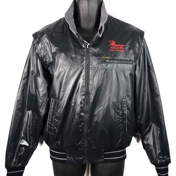Flamingo Hilton Casino Cafe Racer Jacket Vintage 80s Reversible Satin Bomber - Picture 1 of 10